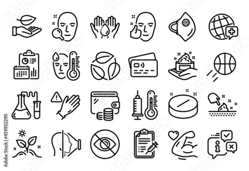 Vector set of Use gloves, Not looking and Grow plant line icons set. Calendar report, Money wallet and Credit card tag. Face search, Face id and Skin care icons. Vector