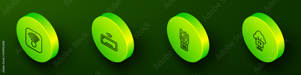 Set Isometric line Wi-Fi wireless internet, Computer keyboard, Walkie talkie and Smart Tv icon. Vector Set Isometric line Wi-Fi wireless internet, Computer keyboard, Walkie talkie and Smart Tv icon. Vector