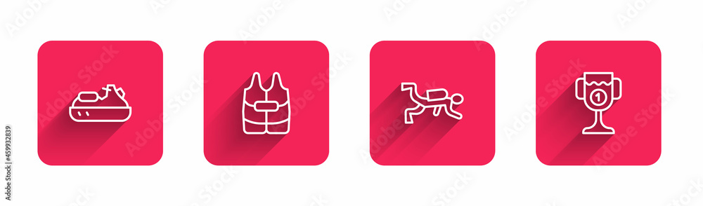 Set line Jet ski, Life jacket, Scuba diver and Award cup with long shadow. Red square button. Vector Set line Jet ski, Life jacket, Scuba diver and Award cup with long shadow. Red square button. Vector