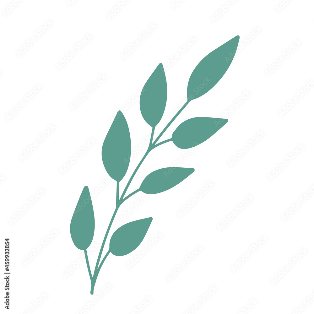 Simple hand drawn green branch with leaves. Floral design element isolated on white background. Vector illustration. Simple hand drawn green branch with leaves. Floral design element isolated on white background. Vector illustration.
