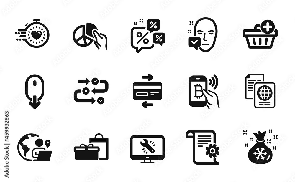 Vector set of Scroll down, Santa sack and Survey progress icons simple set. Face accepted, Bitcoin pay and Passport document icons. Scroll down simple web symbol. Vector Vector set of Scroll down, Santa sack and Survey progress icons simple set. Face accepted, Bitcoin pay and Passport document icons. Scroll down simple web symbol. Vector