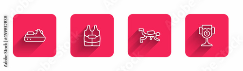 Set line Jet ski, Life jacket, Scuba diver and Award cup with long shadow. Red square button. Vector