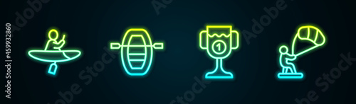 Set line Kayak and paddle, Boat with oars, Award cup and Kitesurfing. Glowing neon icon. Vector