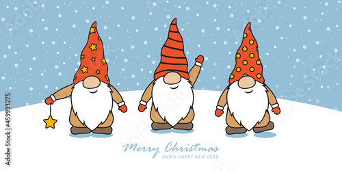 christmas greeting card with cute christmas dwarf and snowy landscape