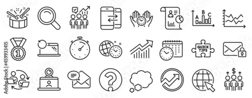 Set of Education icons, such as Search, Question mark, Recovery laptop icons. Time management, Business statistics, Timer signs. Safe time, Quick tips, Demand curve. Best rank, Audit. Vector