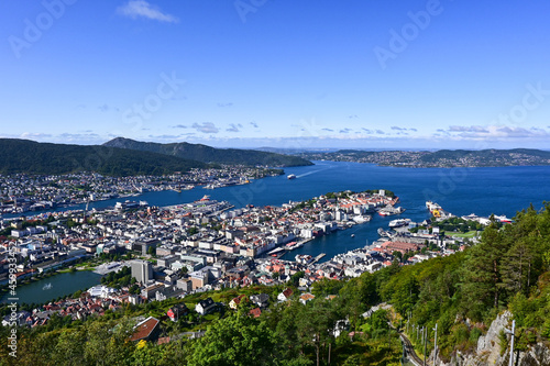 Aerial bird view of Bergen city and harbour