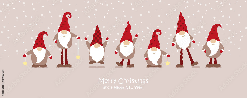 christmas greeting card with cute christmas dwarf and snowy landscape christmas greeting card with cute christmas dwarf and snowy landscape