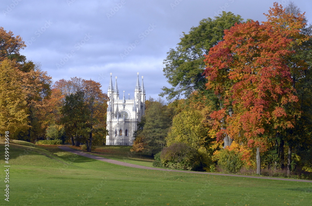 Autumn Park with Gothic Capella and Multicolored Trees