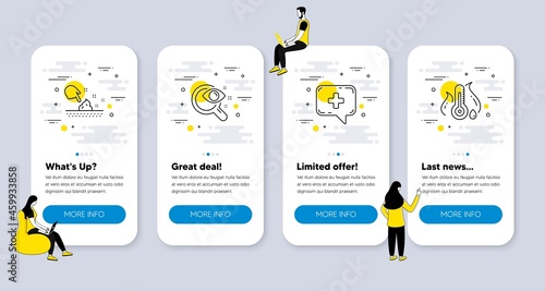 Vector Set of Healthcare icons related to Skin moisture, Medical chat and Vision test icons. UI phone app screens with people. Fever temperature line symbols. Vector