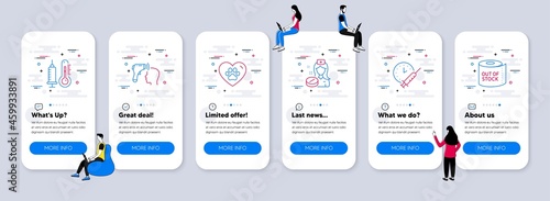 Healthcare icons set. UI phone app screens with teamwork. Included icon as Nurse, Vaccination schedule, Thermometer signs. Electronic thermometer, Pets care, Toilet paper line icons. Vector