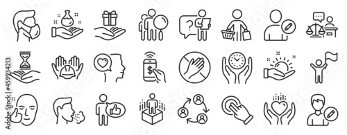 Set of People icons  such as Safe time  Dont touch  Court judge icons. Like  Edit user  Search people signs. Edit person  Chemistry lab  Sunny weather. Hold heart  Teamwork  Builders union. Vector