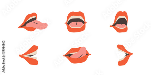Set of open mouths, female lips, teeth and tongue. Talking mouth in different versions. Human body part flat element isolated on white background.