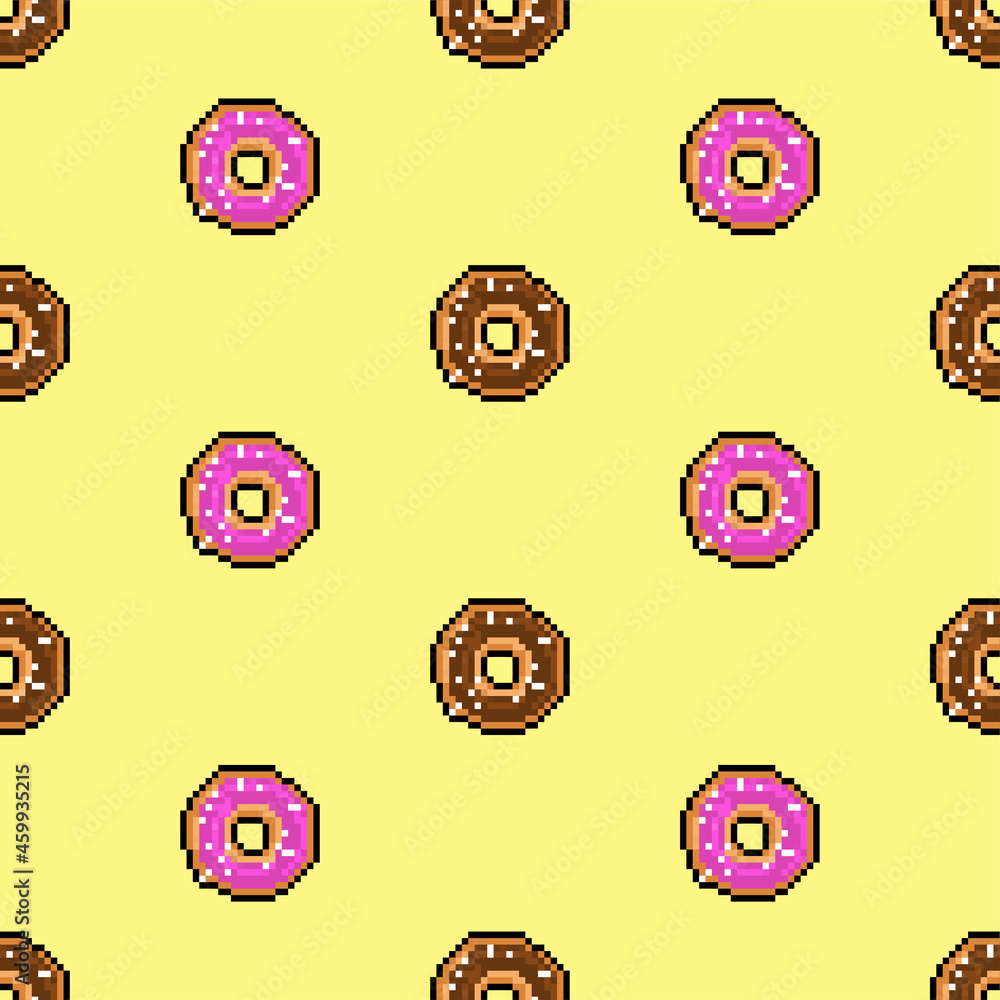 Naklejka premium Donut pixel art pattern seamless. pixelated Sweetness background. 8 bit texture