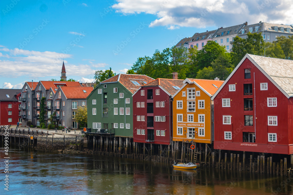 Historical Old Timber Buildings (Norwegian: Gamle Bybro or Bybroa) over the river Nidelva in Trondheim Historical Old Timber Buildings (Norwegian: Gamle Bybro or Bybroa) over the river Nidelva in Trondheim