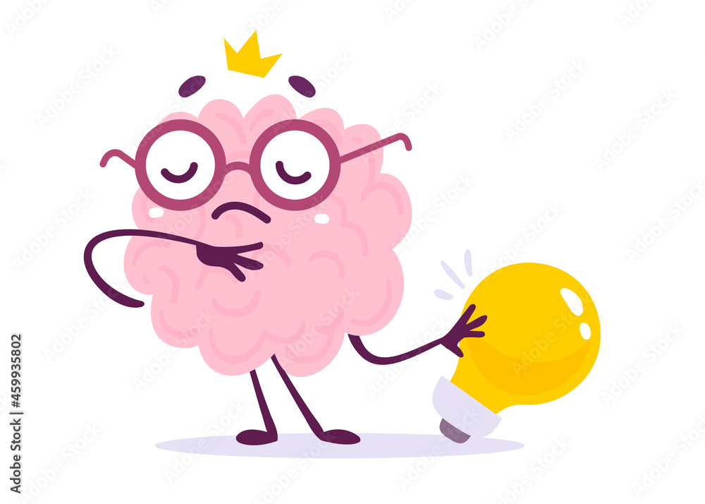 Vector Creative Illustration of Dream Pink Human Brain Character in Glasses on White Background. Flat Style Knowledge Concept Design of Brain and Yellow Light Bulb Idea