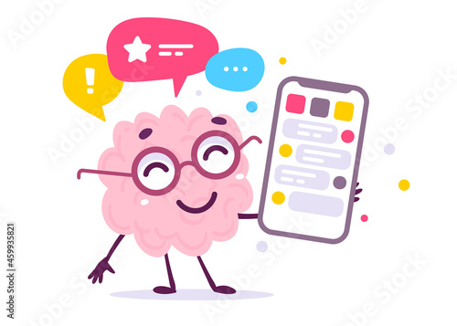 Vector Creative Illustration of Happy Pink Human Brain Character with Smart Phone and Speech Bubble on White Color Background. Flat Doodle Style Knowledge Concept Design of Emotional Brain in Glasses