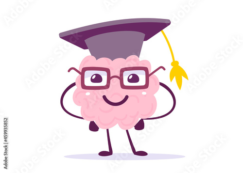 Vector Creative Illustration of Happy Pink Human Brain Character in Glasses and Graduate Cap on White Background. Flat Doodle Style Graduation Knowledge Concept Design of Happy Brain