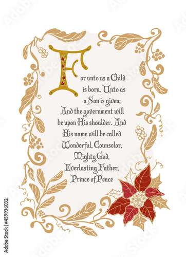 Vintage style vector Christmas card with golden floral border and Bible verse  on white background.