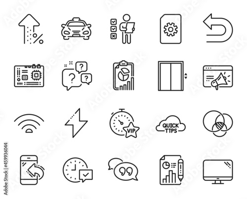Vector set of Report document, Seo marketing and Incoming call line icons set. Motherboard, Question bubbles and Euler diagram icons. Report, Voting ballot and Lift signs. Vector