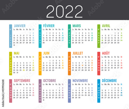 Calendrier Agenda 2022 couleur, avec numéros de semaine