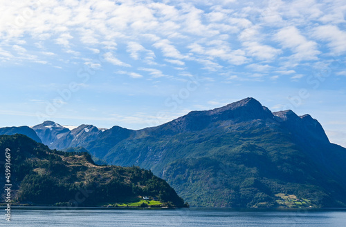 Beautiful Norwegian fjord landscape in a sunny blue sky day