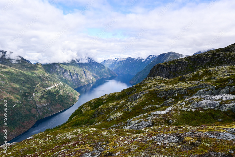 Amazing aerial views of a typical norwegian Fjord from a mountain.