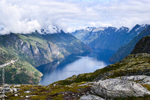 Fototapeta Naklejka Na Ścianę i Meble -  Amazing aerial views of a typical norwegian Fjord from a mountain.