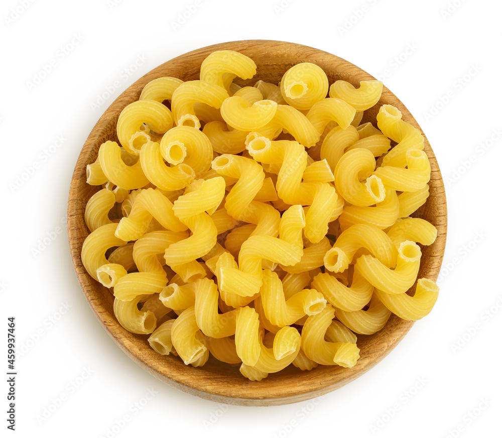 raw pasta cavatappi in wooden bowl isolated on white background with clipping path and full depth of field. Top view. Flat lay raw pasta cavatappi in wooden bowl isolated on white background with clipping path and full depth of field. Top view. Flat lay