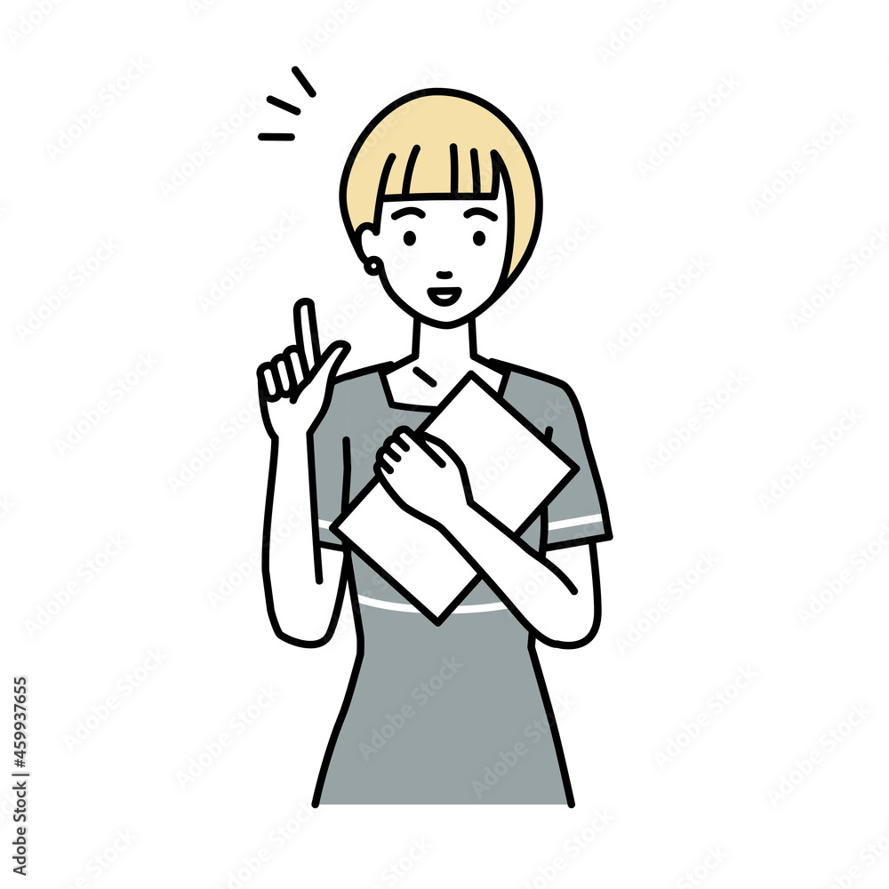 立って書類を手に持って何かひらめいたエステ店員の女性 立って書類を手に持って何かひらめいたエステ店員の女性
