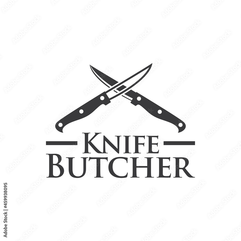 
Vintage Retro Butcher shop label logo design with crossed cleavers.
