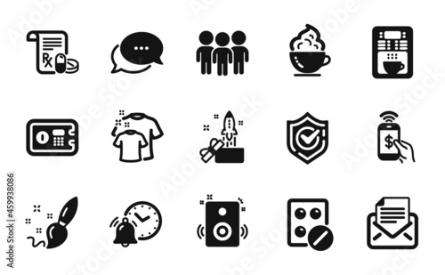 Vector set of Coffee maker, Safe box and Group icons simple set. Confirmed, Medical prescription and Clean t-shirt icons. Paint brush, Medical tablet and Innovation signs. Vector
