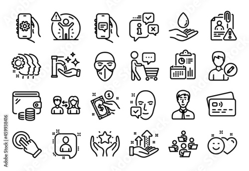 Vector set of Touchscreen gesture  Water care and Employees teamwork line icons set. Calendar report  Money wallet and Credit card tag. Businessman person  App settings and Smile icons. Vector