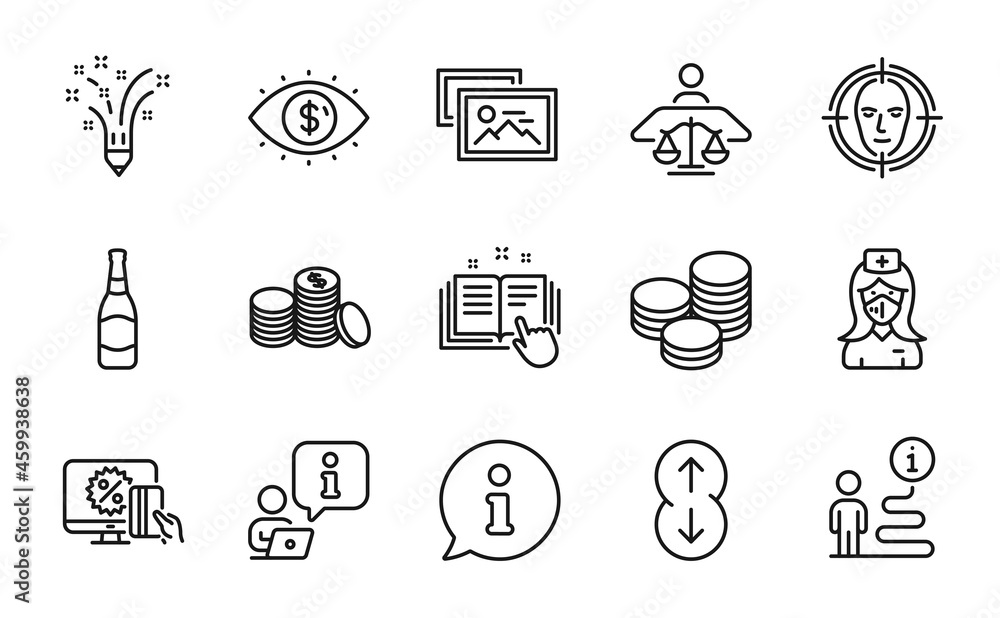 Line icons set. Included icon as Nurse, Face detect, Photo album signs. Tips, Online shopping, Inspiration symbols. Beer bottle, Business vision, Banking money. Court judge, Scroll down. Vector