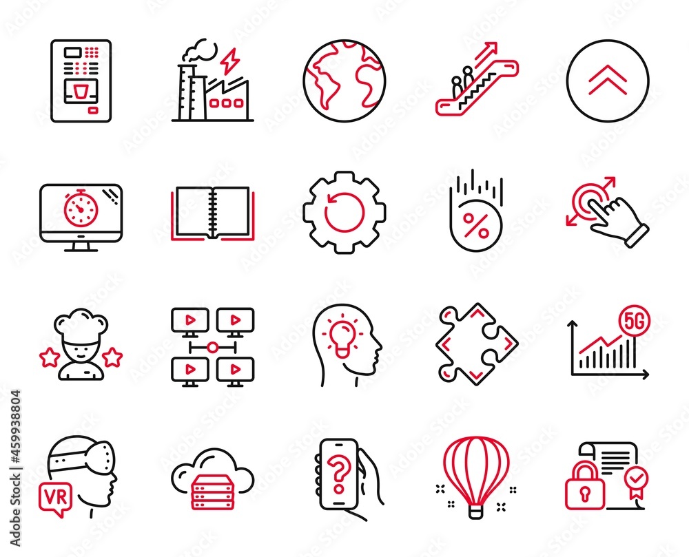 Vector Set of Technology icons related to Escalator, Electricity factory and Best chef icons. Seo timer, Cloud server and World planet signs. 5g statistics, Coffee vending and Help app. Vector