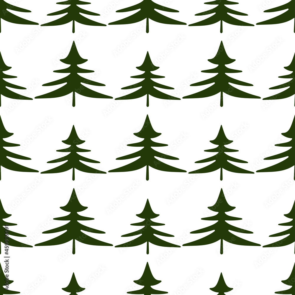 Seamless background of silhouettes green christmas trees in rows