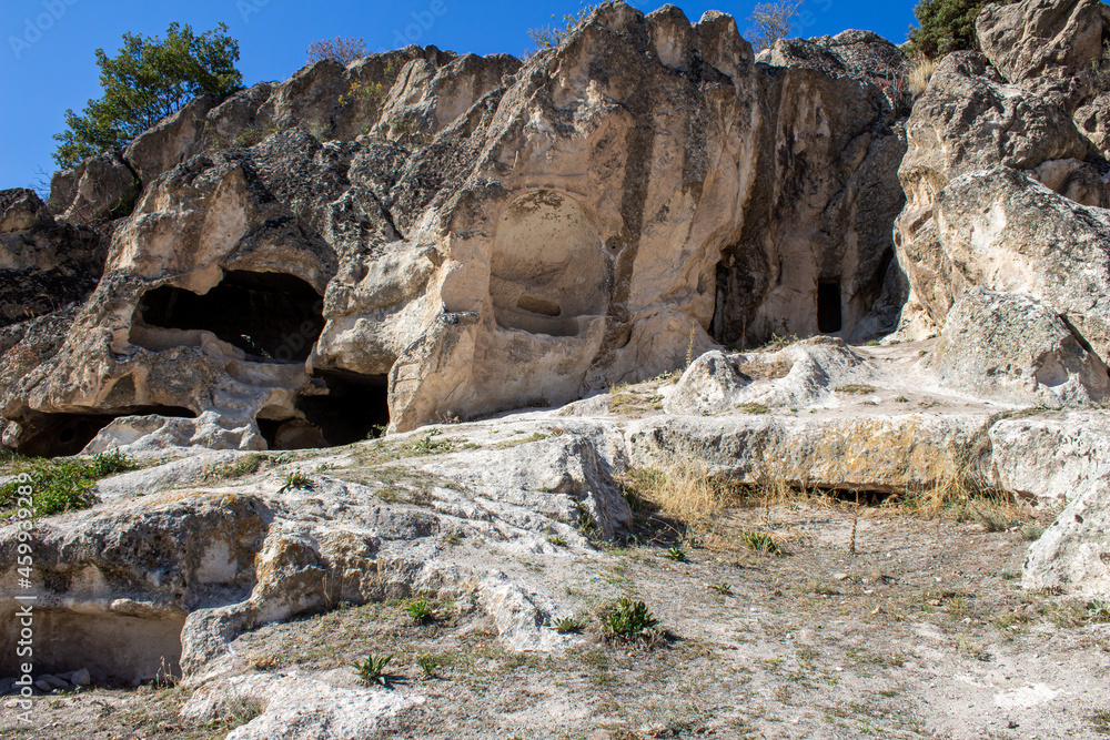 Phrygian Valley. Ancient caves and stone houses in Afyonkarahisar, Turkey.