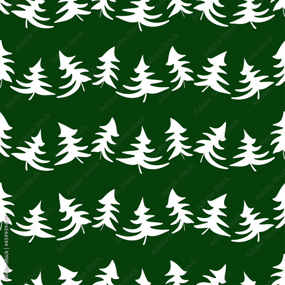 Seamless pattern of silhouettes white curved christmas trees in rows