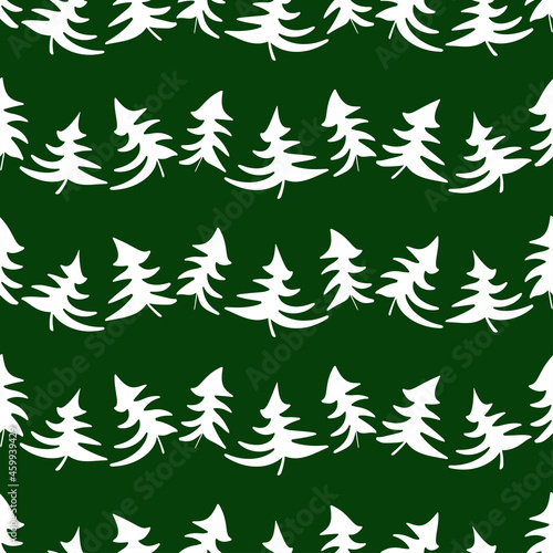 Seamless pattern of silhouettes white curved christmas trees in rows