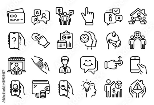 Vector set of Hold smartphone, Work home and Teamwork line icons set. Calendar report, Money wallet and Credit card tag. Employees teamwork, House protection and Smile face icons. Vector