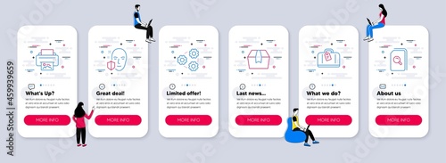 Vector Set of line icons related to Print image, Face protection and Package box icons. UI phone app screens with teamwork. Gears, Hand baggage and Search files line symbols. Vector