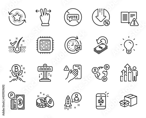 Vector set of Packing boxes, Touchscreen gesture and Video conference line icons set. Bitcoin, Employee results and Anti-dandruff flakes icons. Cashback, Bitcoin project and Startup signs. Vector