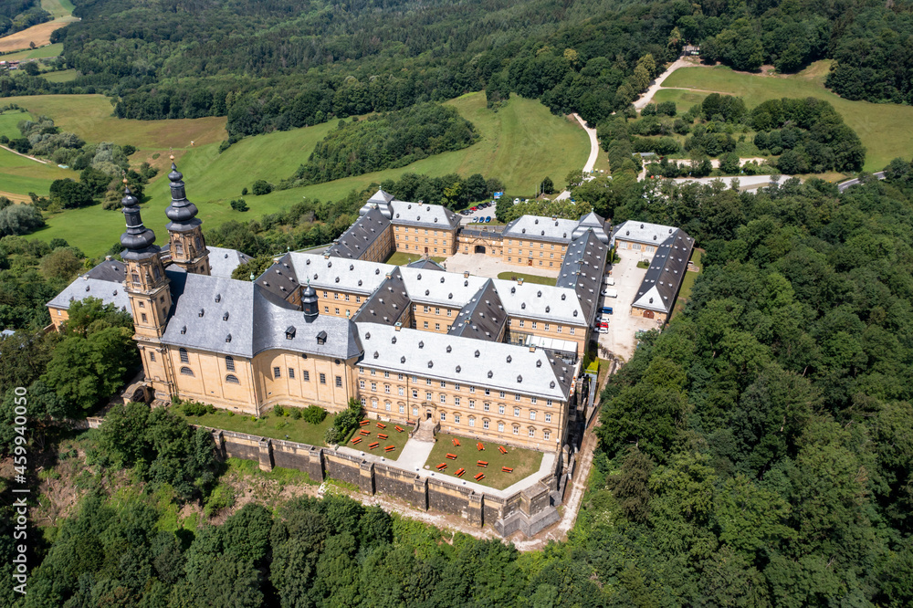 Aerial view of Banz Monastery, former Benedictine monastery, South German Baroque, near Bad Staffelstein, Lichtenfels district, Franconian 
, Franconia, Bavaria, Germany,