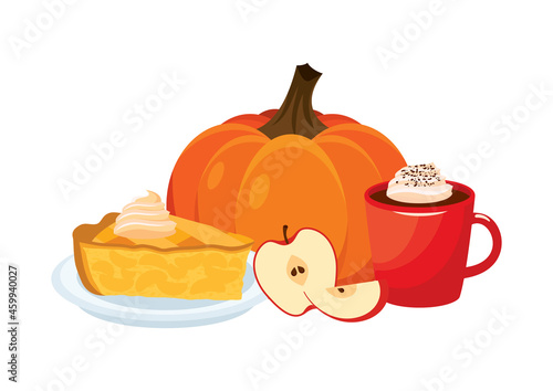 Seasonal autumn food with pumpkin, apple pie and mug of hot chocolate icon vector. Thanksgiving sweet food icon vector isolated on a white background