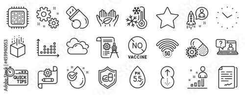 Set of Science icons, such as No vaccine, Swipe up, Cpu processor icons. Work, Star, Flash memory signs. Augmented reality, Ph neutral, Coronavirus pills. Freezing, Faq, Medical tablet. Vector