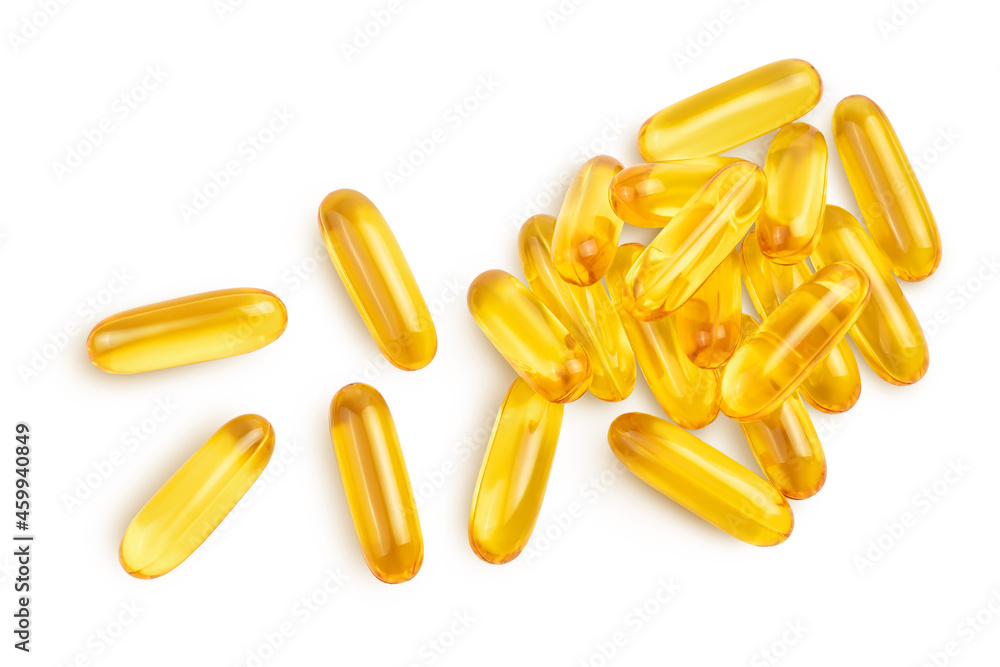 Fish oil capsules isolated on white background with clipping path and full depth of field. Top view. Flat lay Fish oil capsules isolated on white background with clipping path and full depth of field. Top view. Flat lay