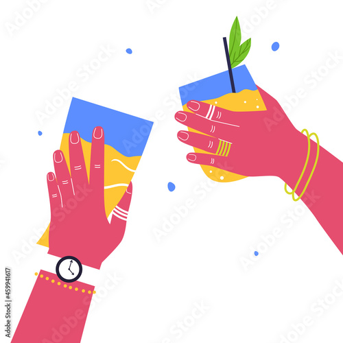 Bright pink hands with alcoholic cocktails. Vector illustration. Modern Art.