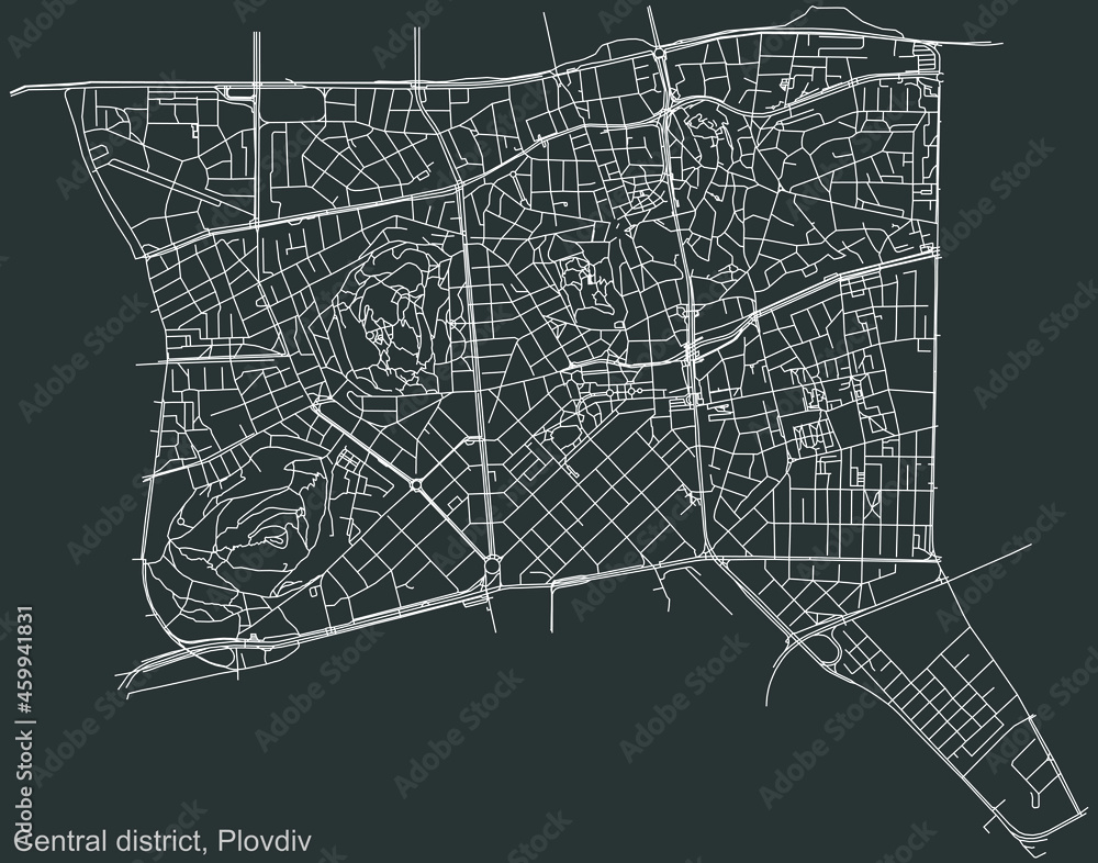 Detailed negative navigation urban street roads map on dark gray background of the quarter Central district of the Bulgarian regional capital city of Plovdiv, Bulgaria