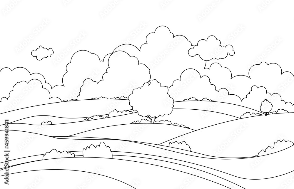 Line art, drawing of summer green fields with grass,trees, cloud and