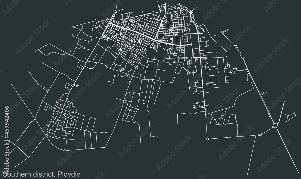Detailed negative navigation urban street roads map on dark gray background of the quarter Southern district of the Bulgarian regional capital city of Plovdiv, Bulgaria