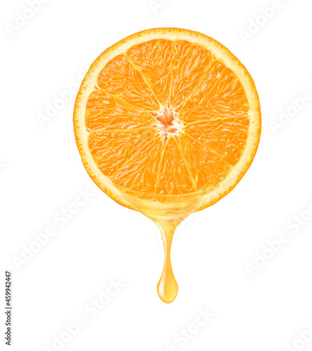 Fresh Orange juice dripping isolated on white background.